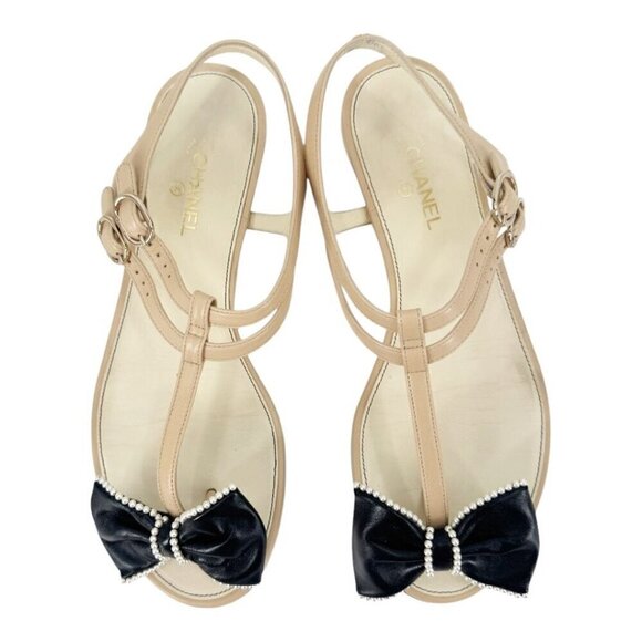 Chanel CC Logo Bow Pearl Leather Sandals Wide Fit - Picture 2 of 9